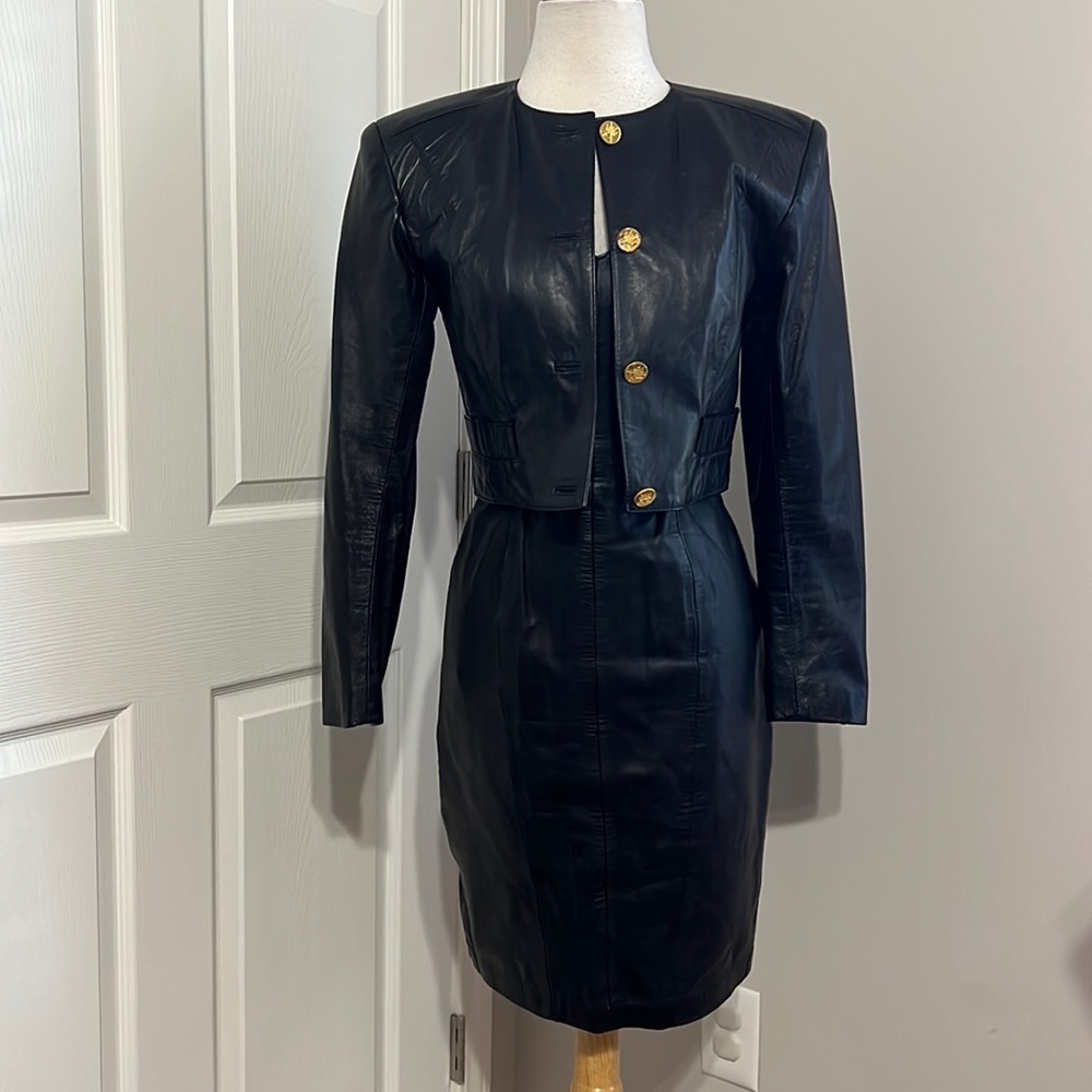 Michael Hoban North Beach black 100% leather strapless dress and jacket, 5/6 & S